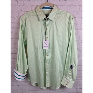 ROBERT GRAHAM white green striped 100% cotton mens dress button down shirt L NWT